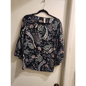 Evereve‎ Frida Floral Size Small Navy Blue 3/4 Bell Sleeve Top Cottagecore Boho